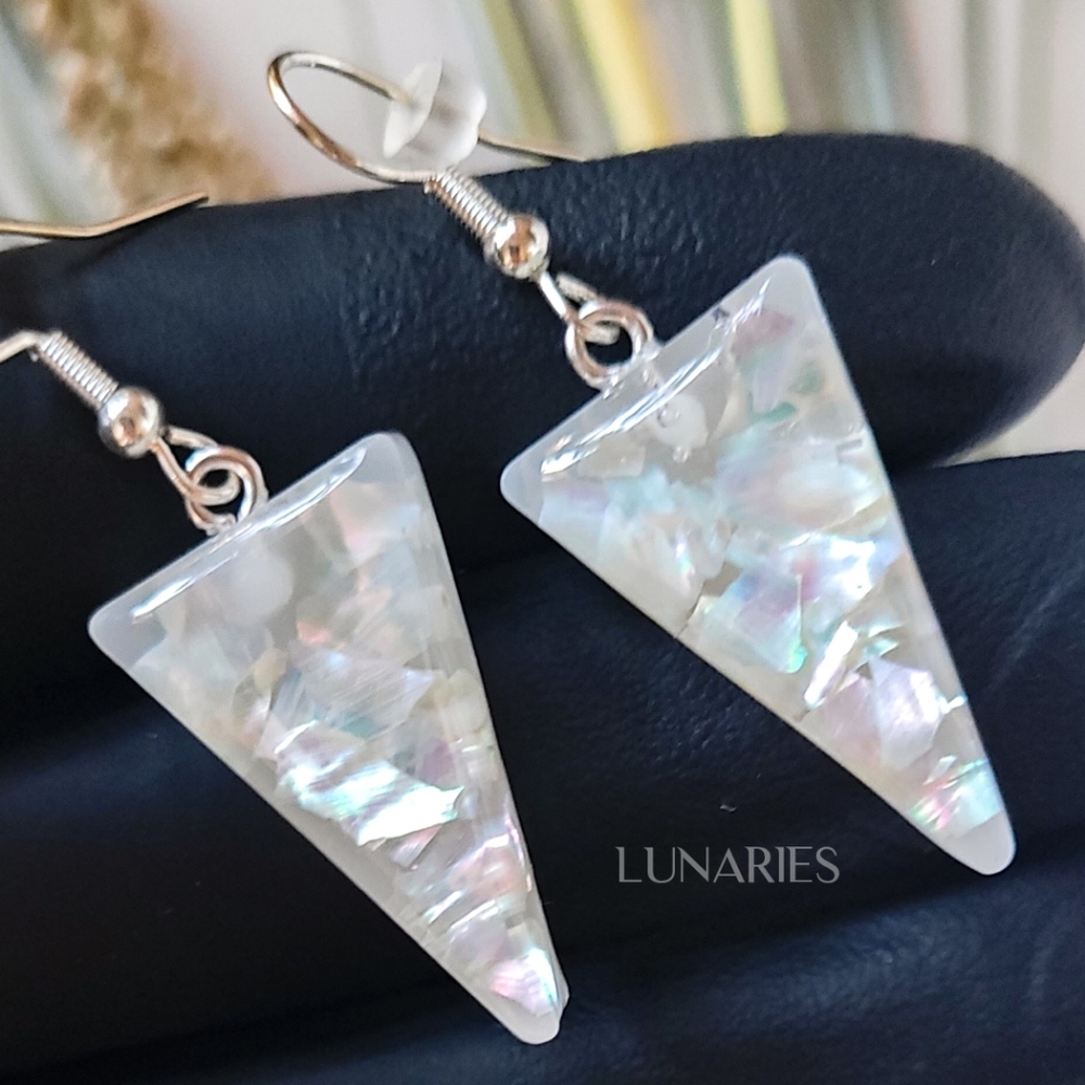Mother Of Pearl Resin Earrings, Iridescent Triangles, Hypoallergenic